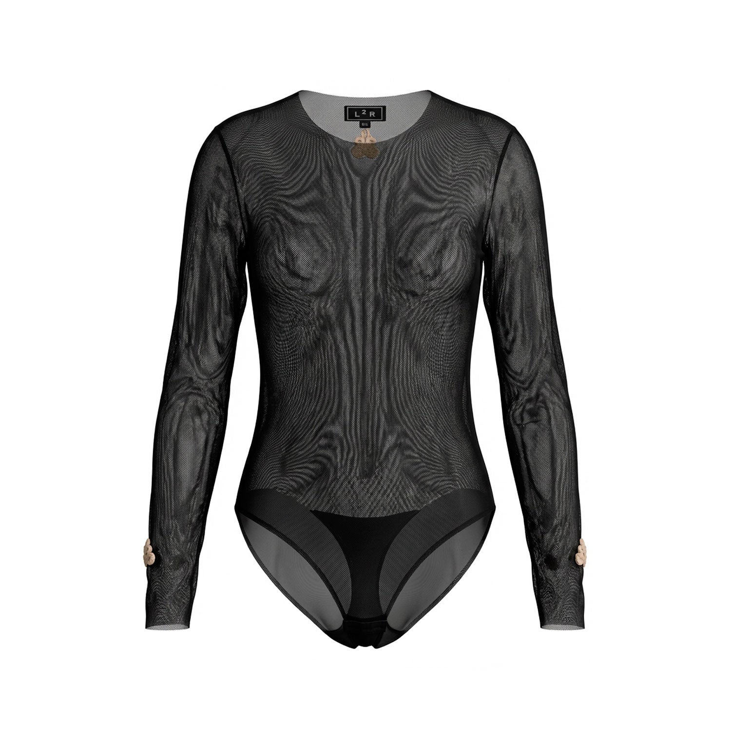 Embellished Black Mesh Crewneck Second Skin Bodysuit