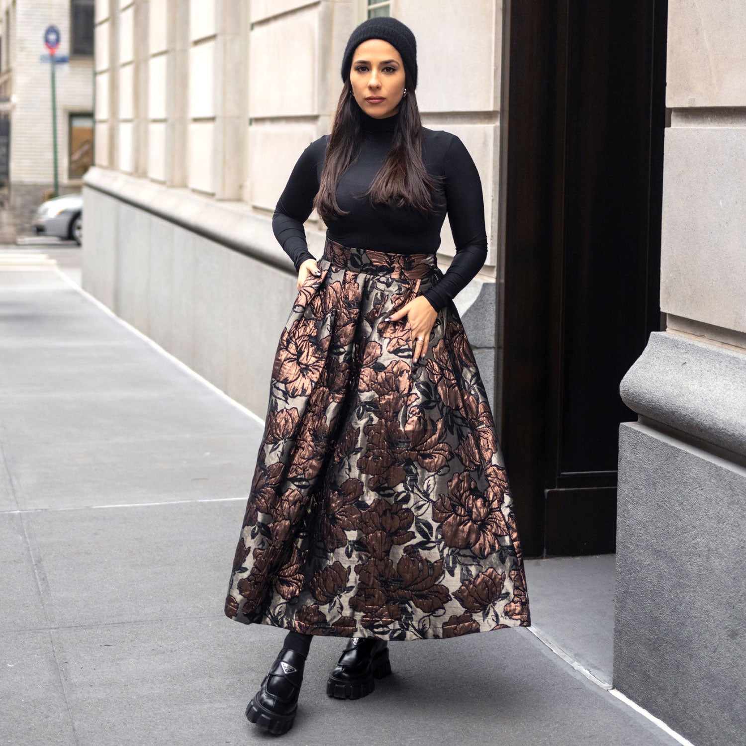 Floral Brocade Midi Skirt in Bronze and Black
