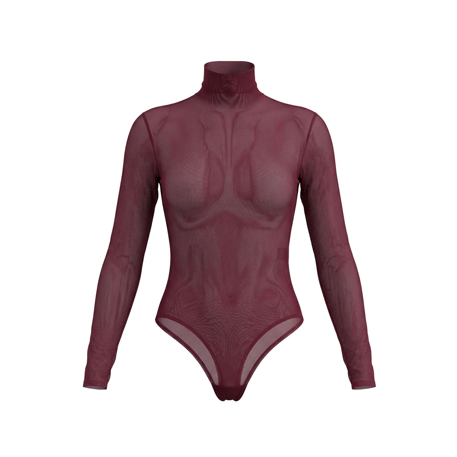 Burgundy Mesh Turtleneck Second Skin Bodysuit