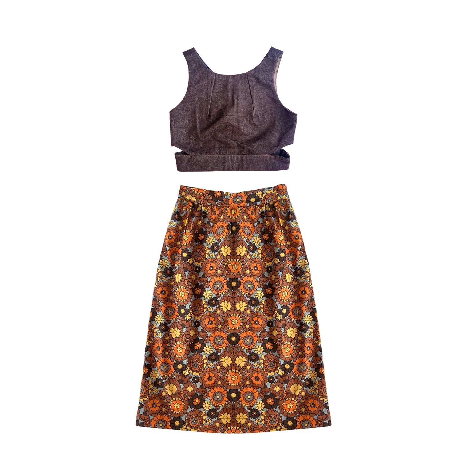 Denim Crop Top & Skirt Set in Orange & Brown