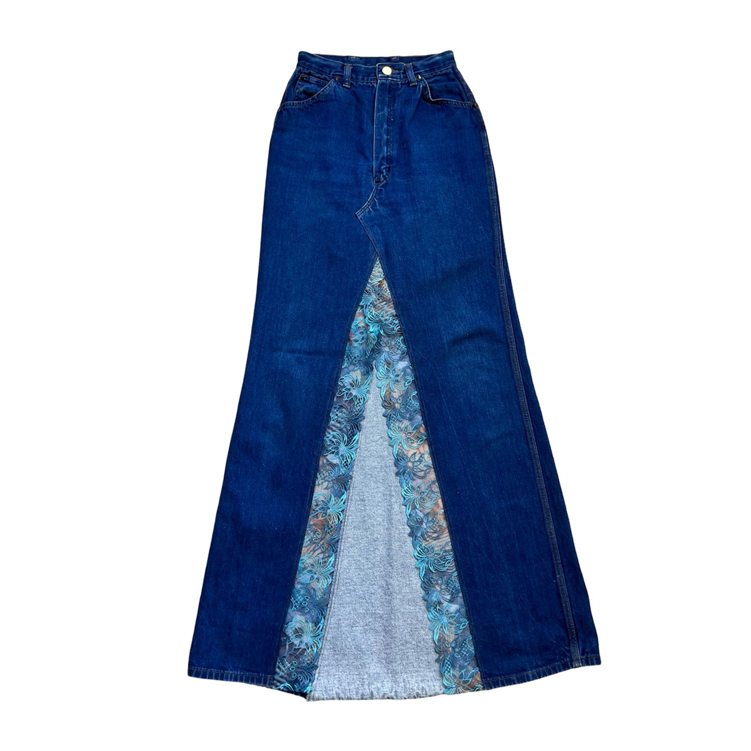 Embellished Denim Skirt In Blue With Blue Lace