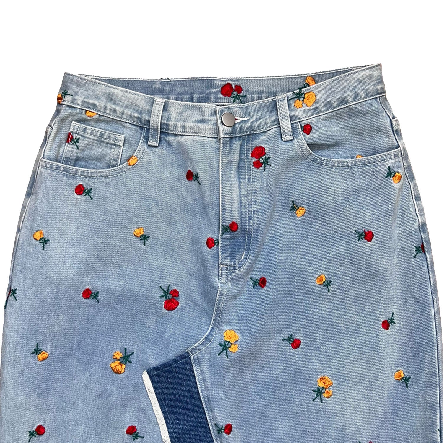 Denim Skirt In Light Blue And Embroidered Roses