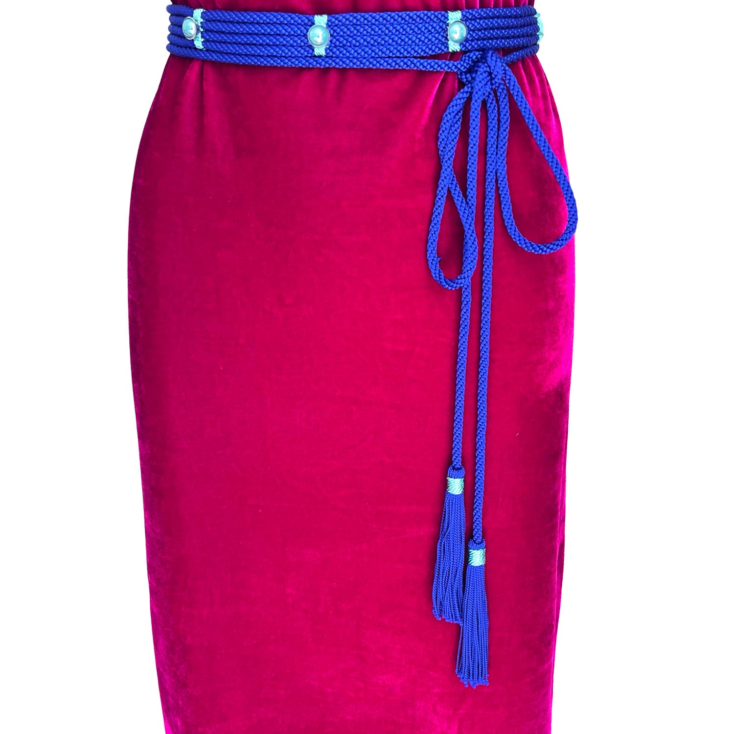 Dress with Slit in Hot Pink Velvet And Blue Silk Belt M Dress with Slit in Hot Pink Velvet And Blue Silk Belt M