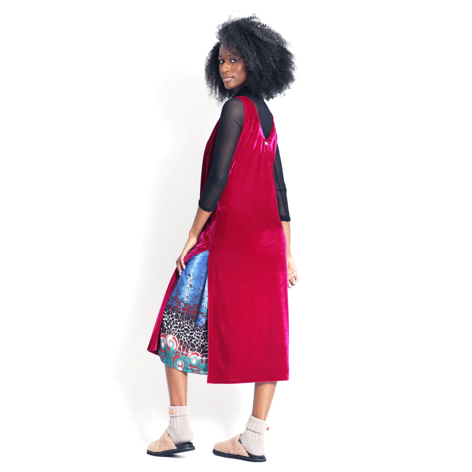 Dress with Slit in Hot Pink Velvet And Blue Silk Belt M Dress with Slit in Hot Pink Velvet And Blue Silk Belt M