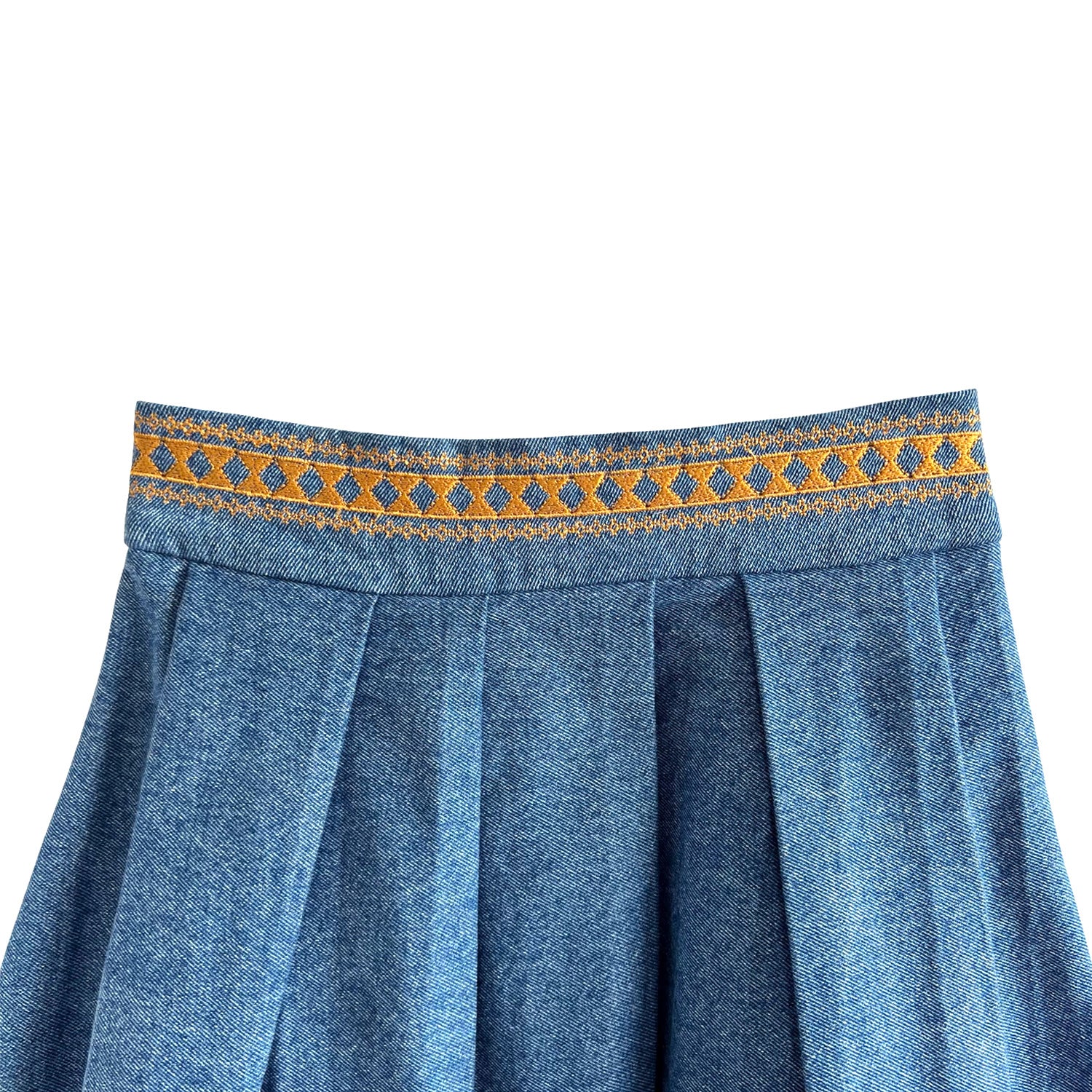Embroidered Full Midi Skirt in Blue Denim