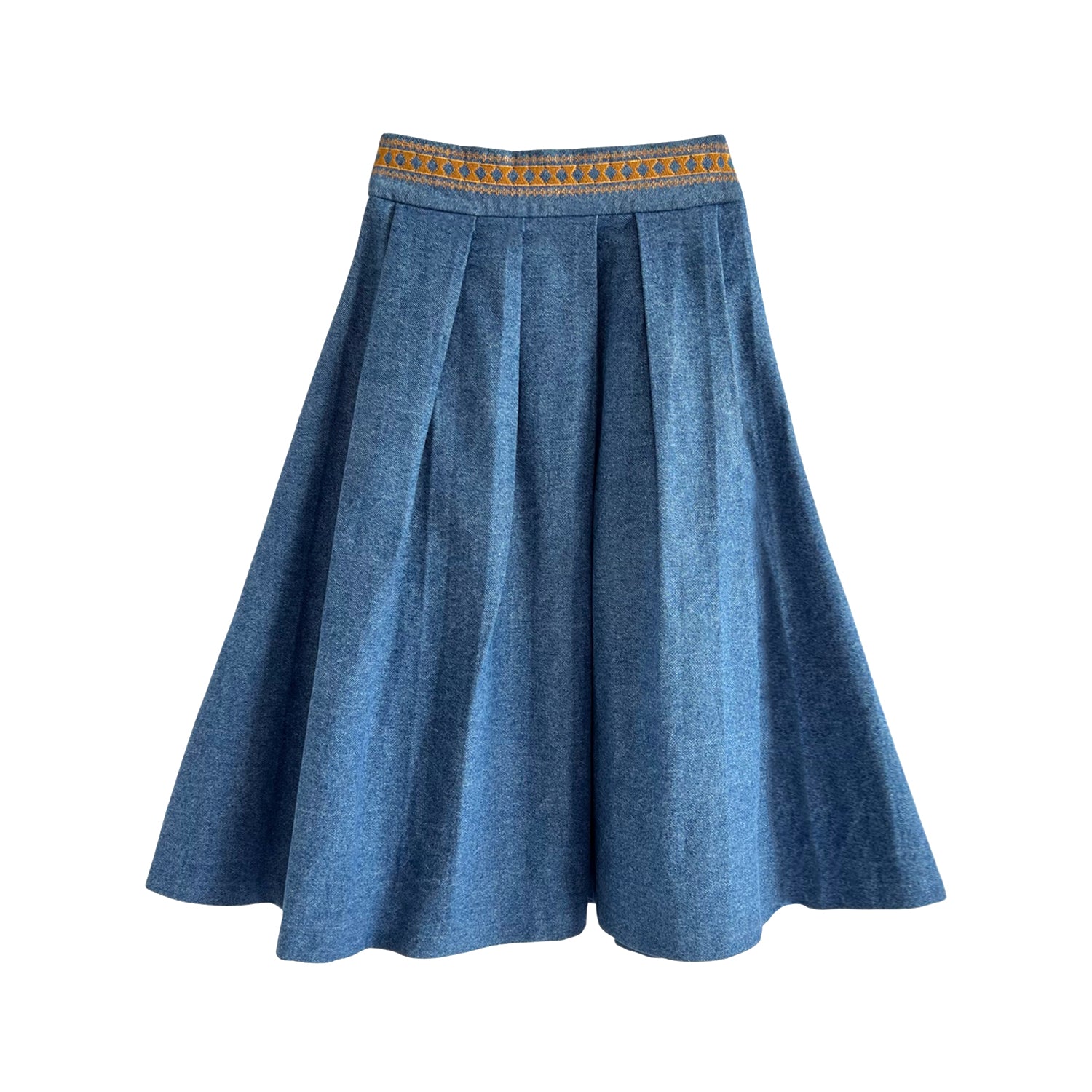 Embroidered Full Midi Skirt in Blue Denim