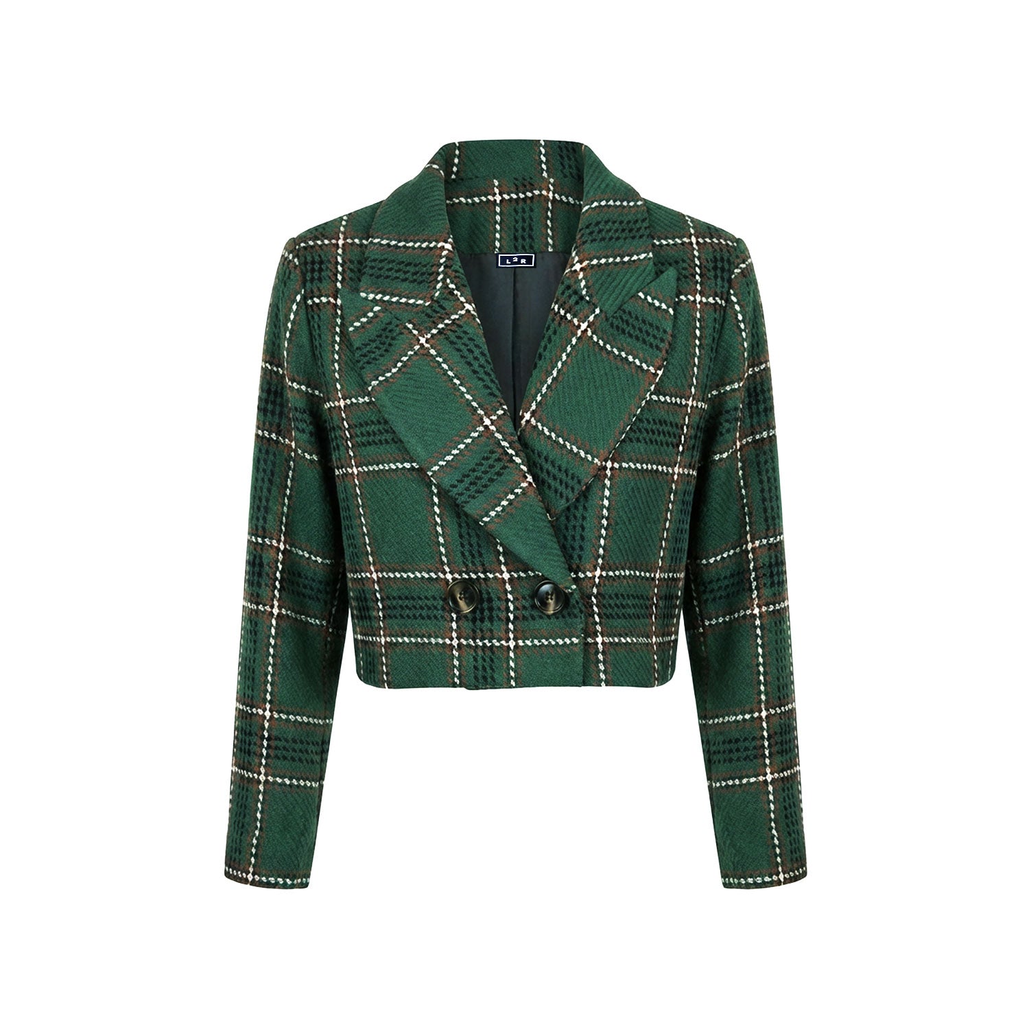 Green & Brown Plaid Cropped Double Breasted Blazer