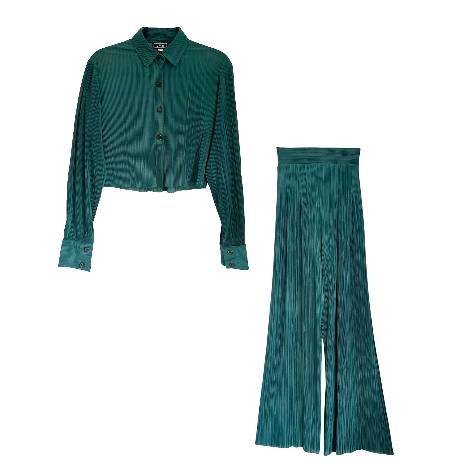Shirt & Wide-Leg Pants in Pleated Emerald Green