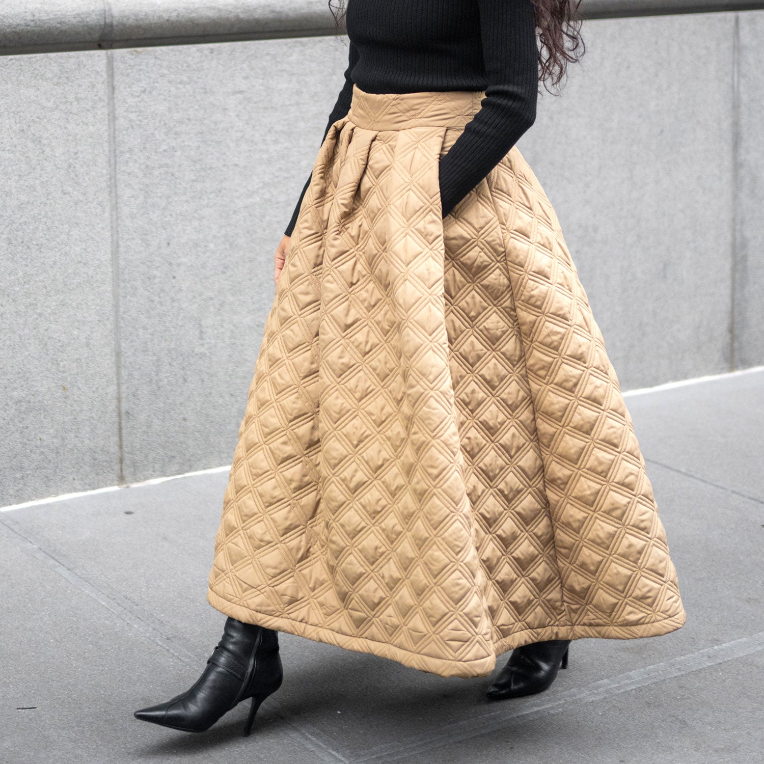 Quilted Puffer Midi Skirt in Beige