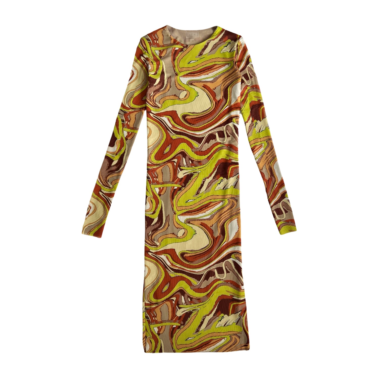 Reversible Print Mesh Dress in Brown & Yellow Green