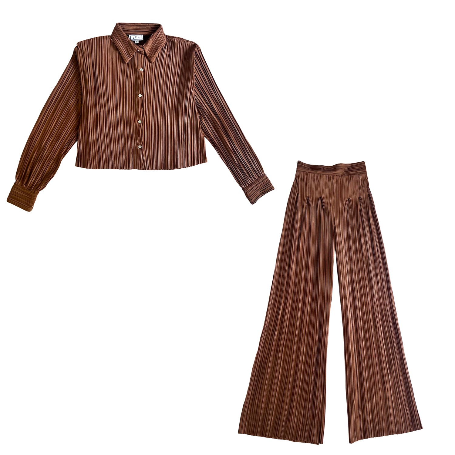 Shirt & Wide-Leg Pants Set in Pleated Brown