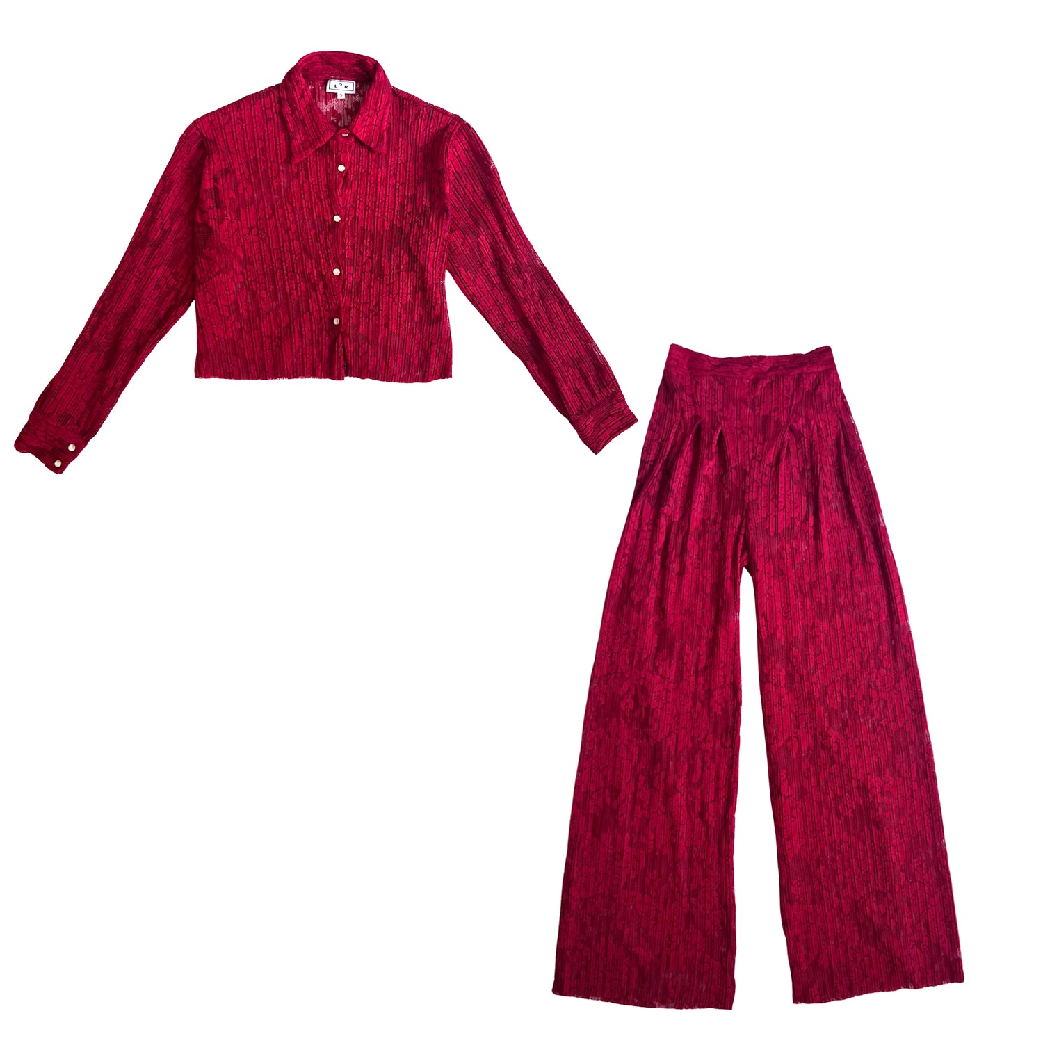 Shirt & Wide-Leg Pants Set in Red Lace