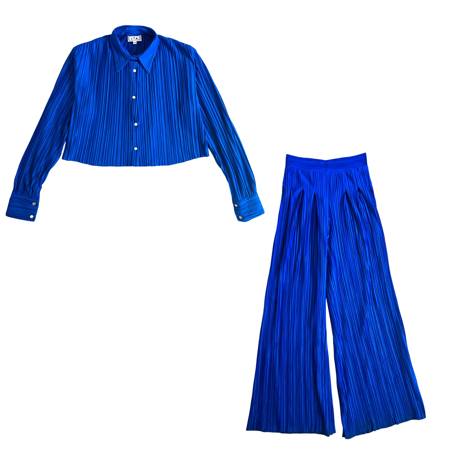 Shirt & Wide-Leg Pants Set in Pleated Blue