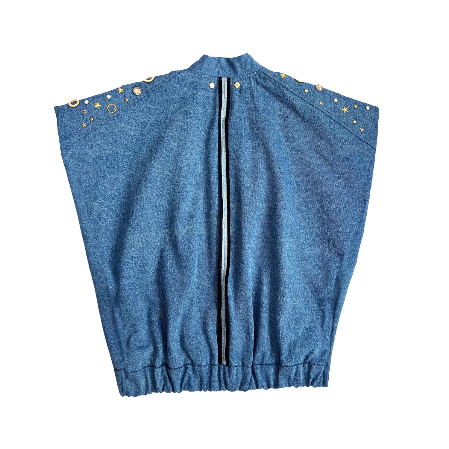 Studded Sleeveless Bomber Jacket in Blue Denim