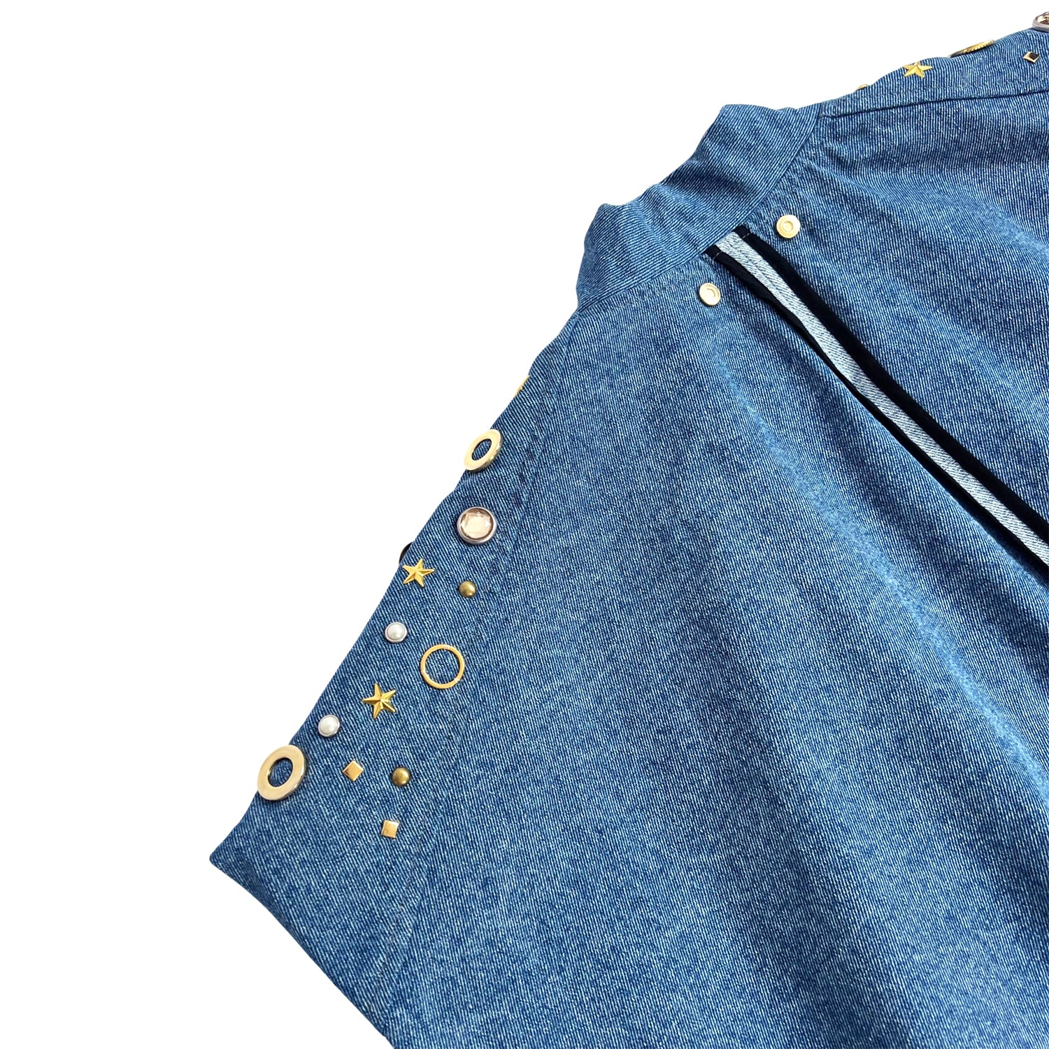 Studded Sleeveless Bomber Jacket in Blue Denim