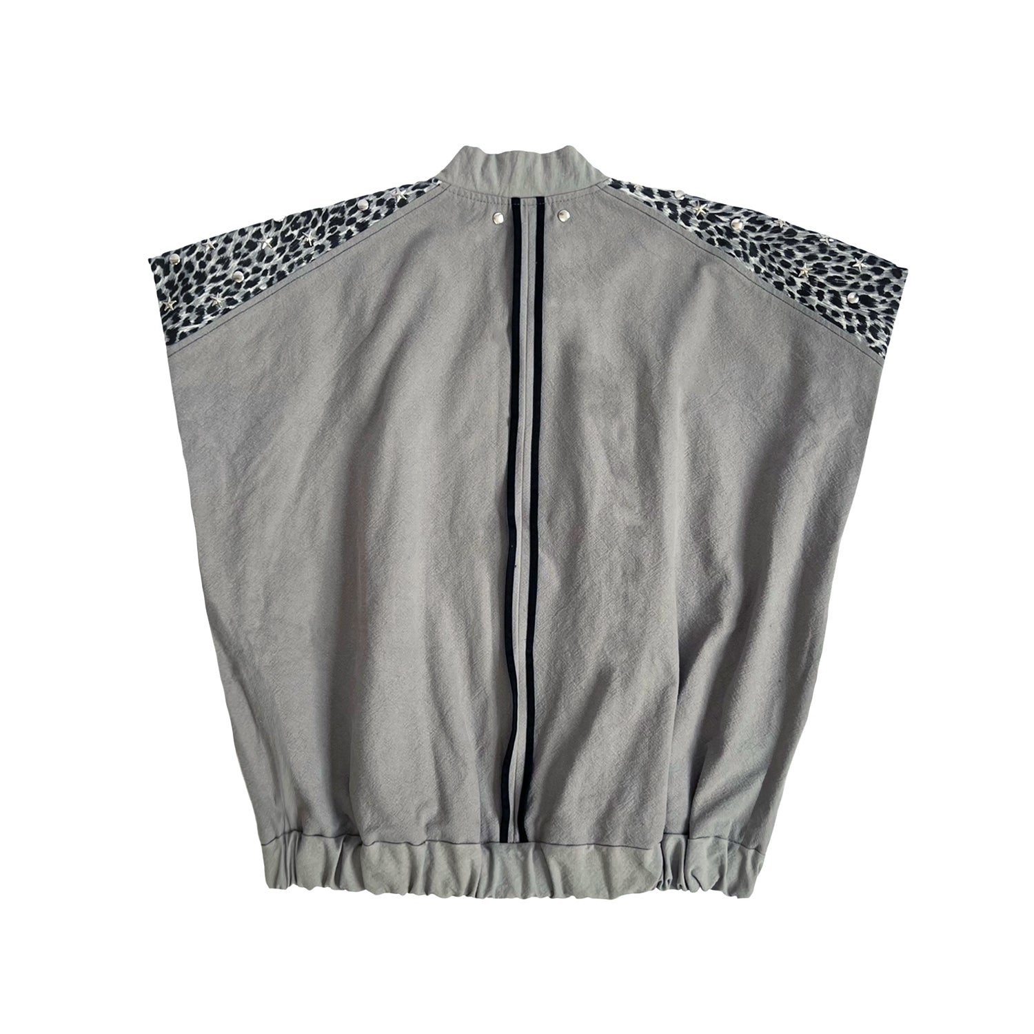 Studded Leopard-Print Sleeveless Bomber Jacket in Grey