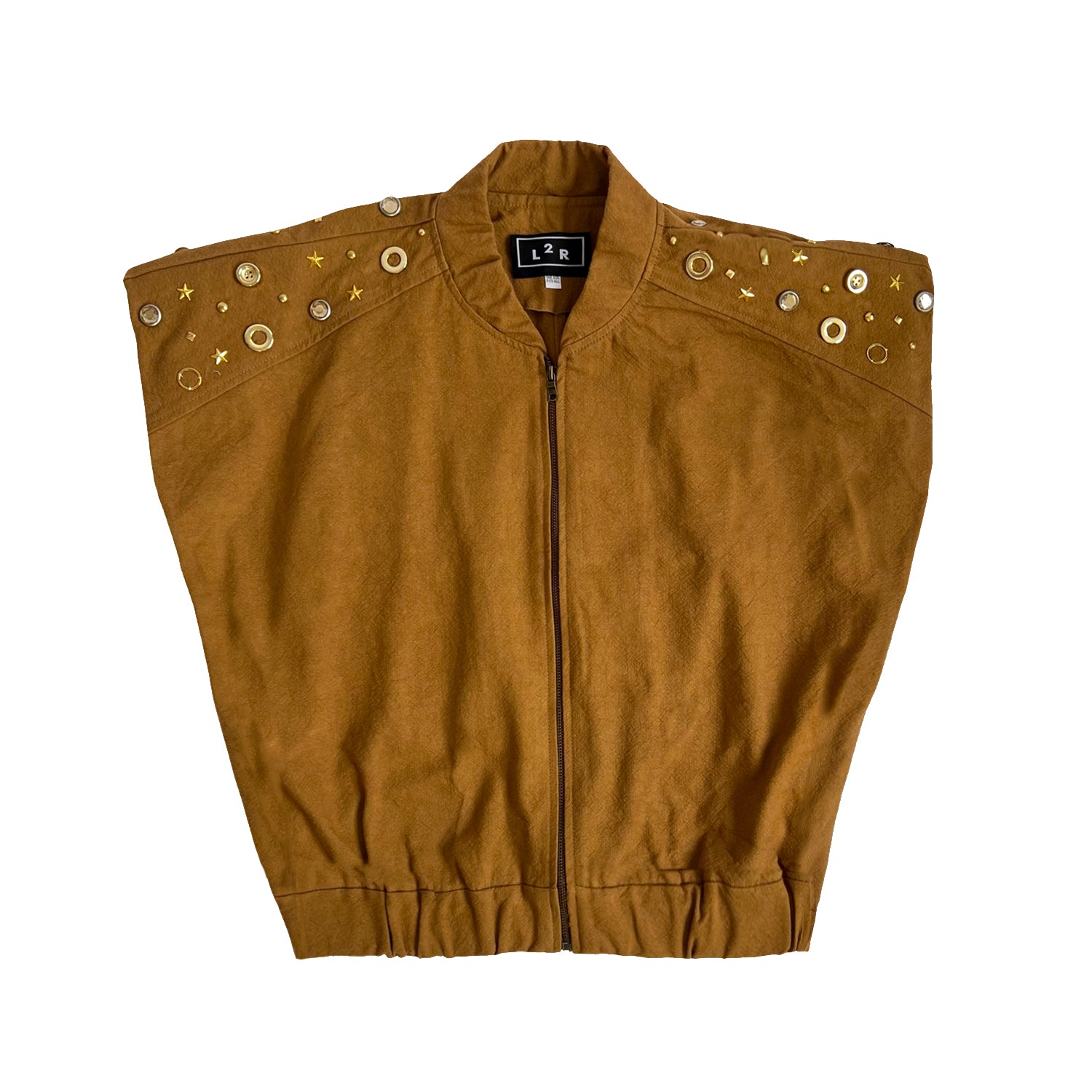 Studded Sleeveless Bomber Jacket in Tan Brown