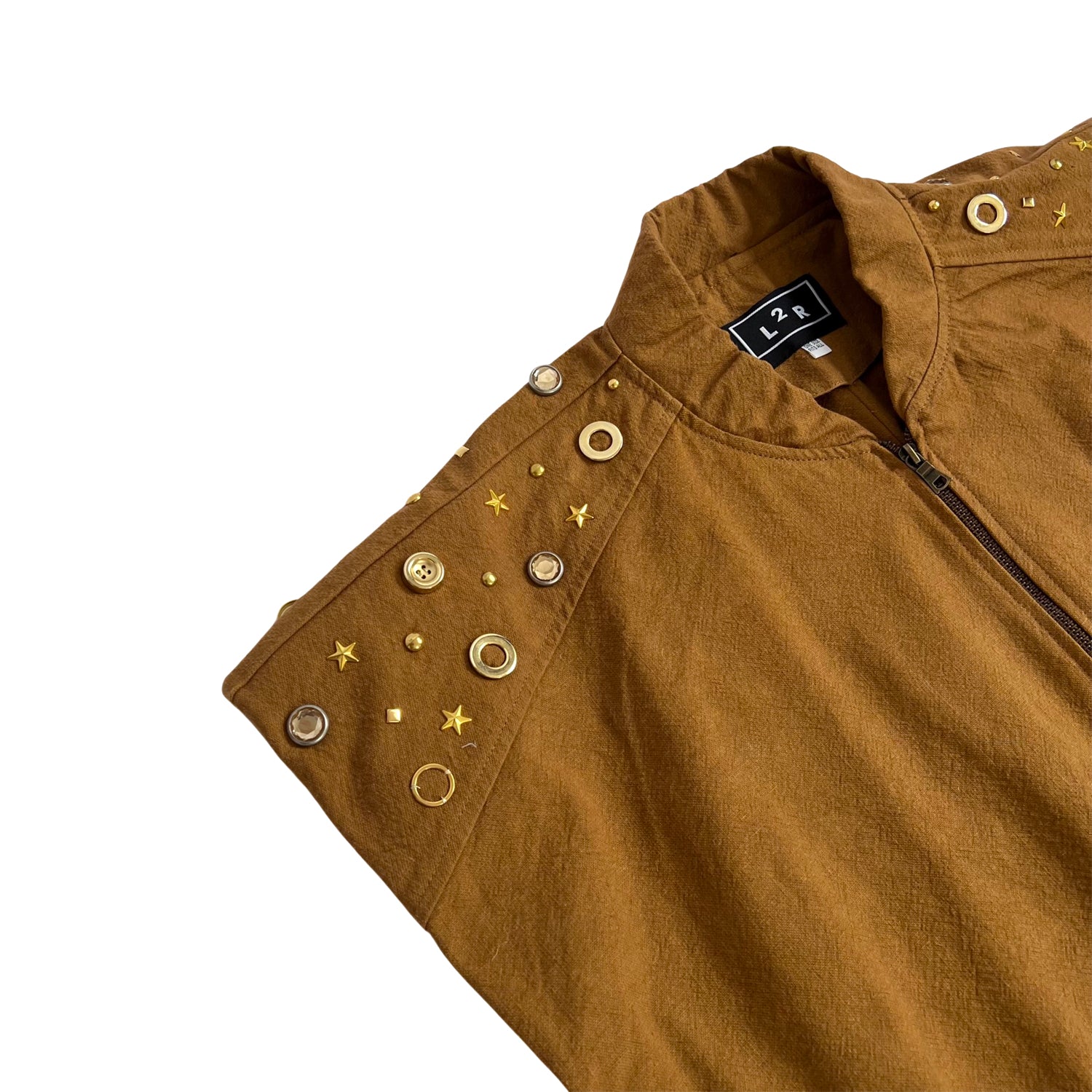 Studded Sleeveless Bomber Jacket in Tan Brown