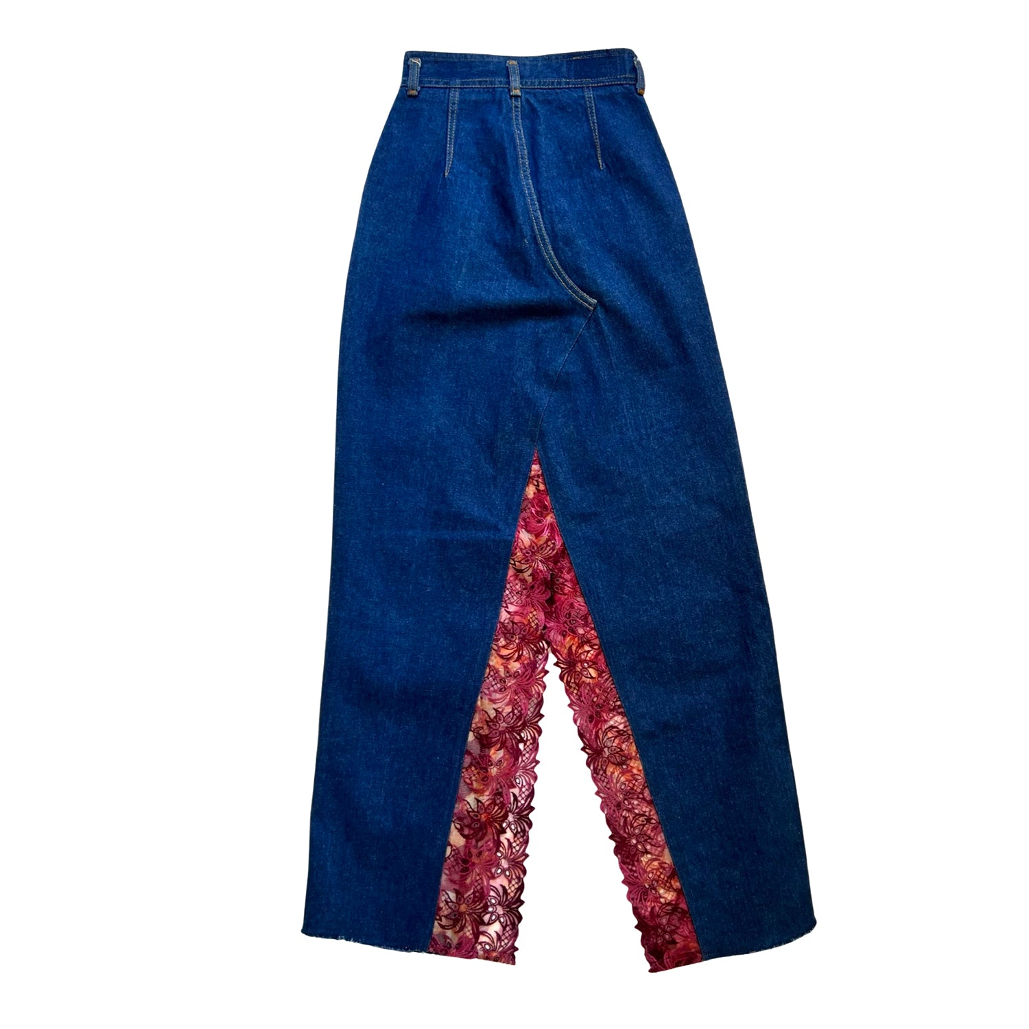 Upcycled Skirt in Blue Denim & Burgundy Lace