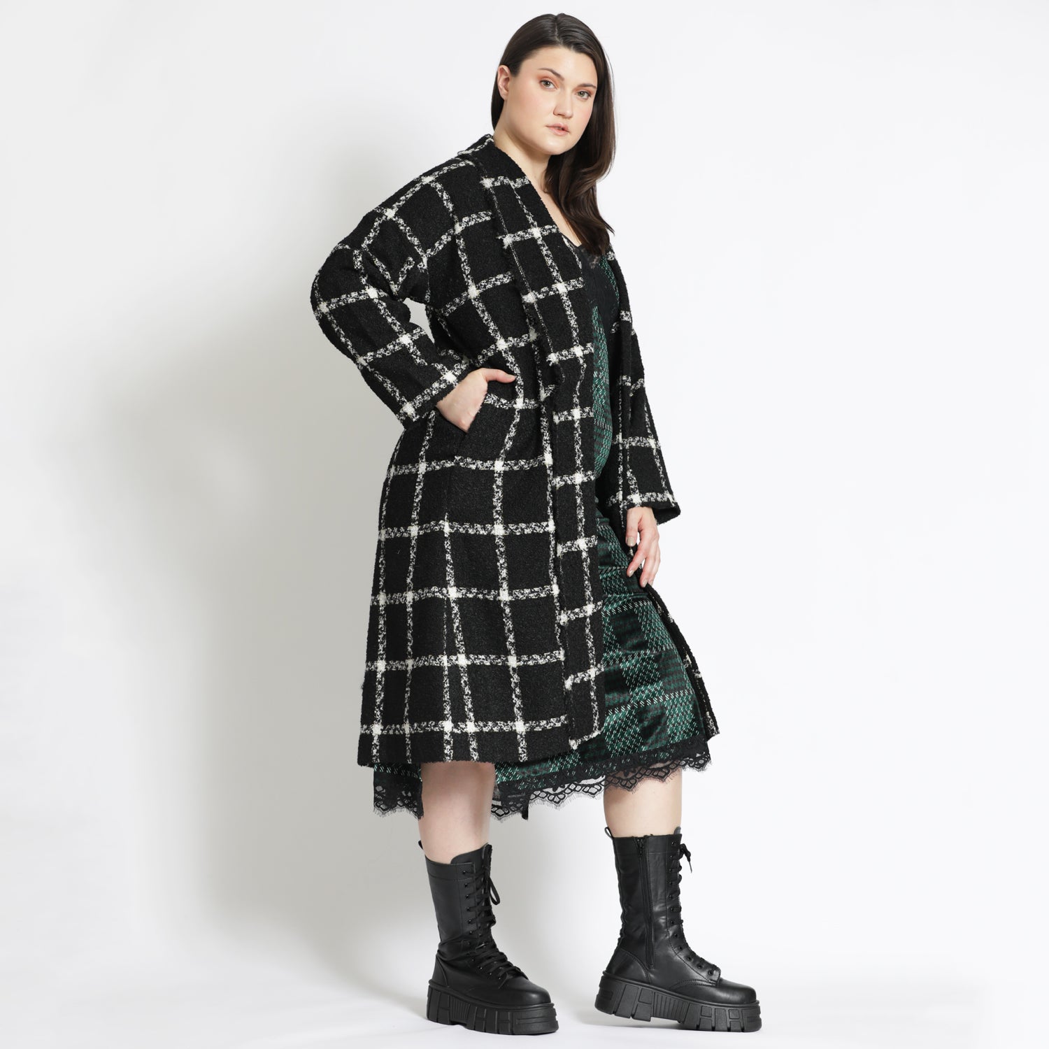 Checked Slouchy Coat in Black and White