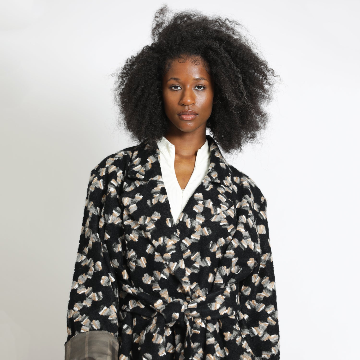 Embroidered Double-Breasted Coat in Black and Beige