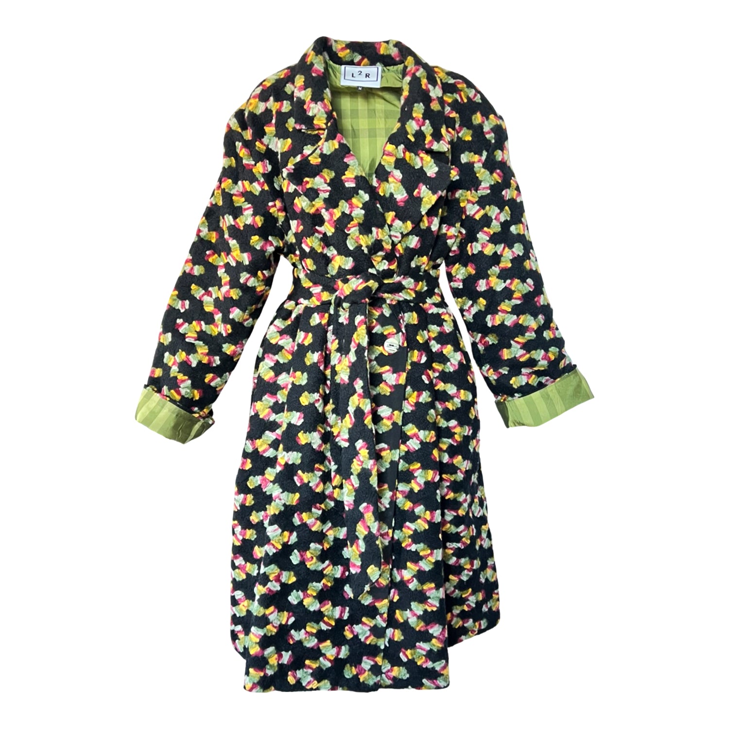 Embroidered Double-Breasted Coat in Black and Green