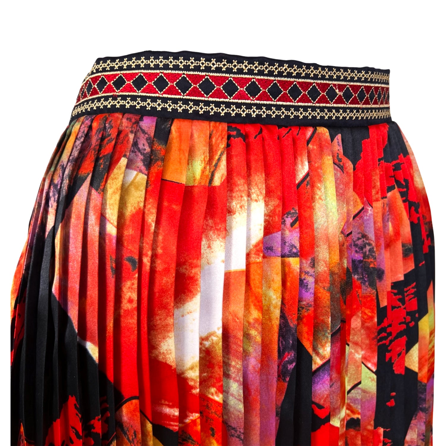 Embroidered Pleated Midi Skirt in Abstract Red
