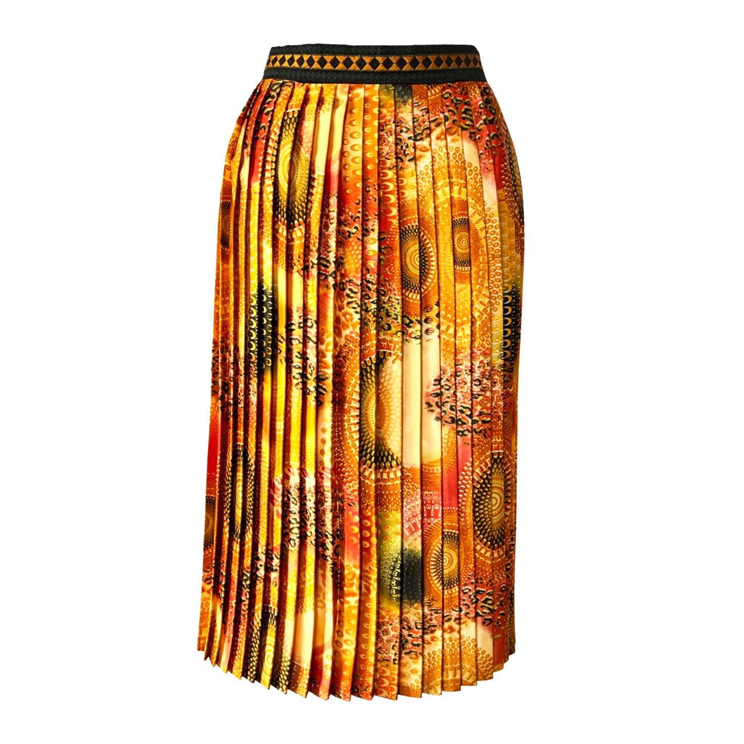 Embroidered Pleated Midi Skirt in Geometric Printed Orange