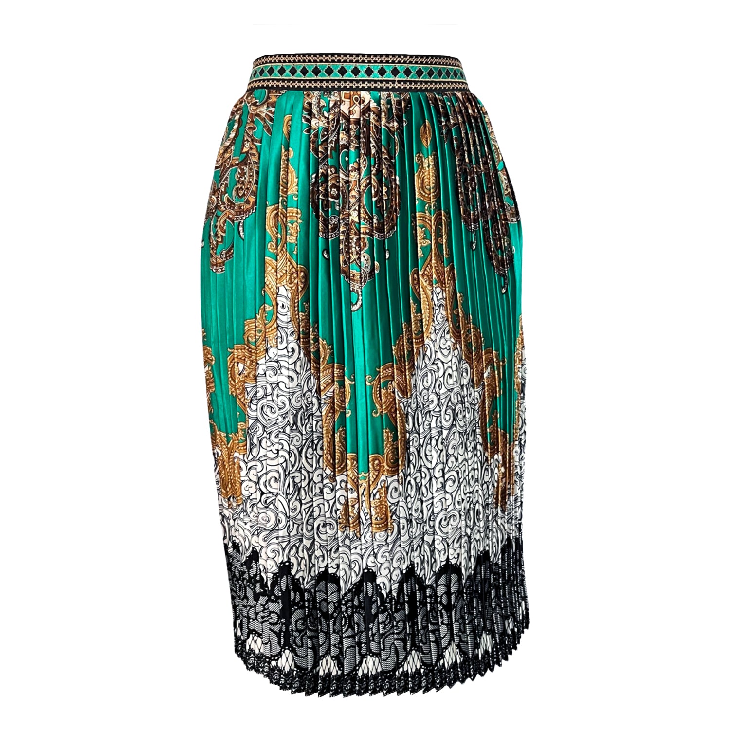 Embroidered Pleated Scarf Midi Skirt in Green & White