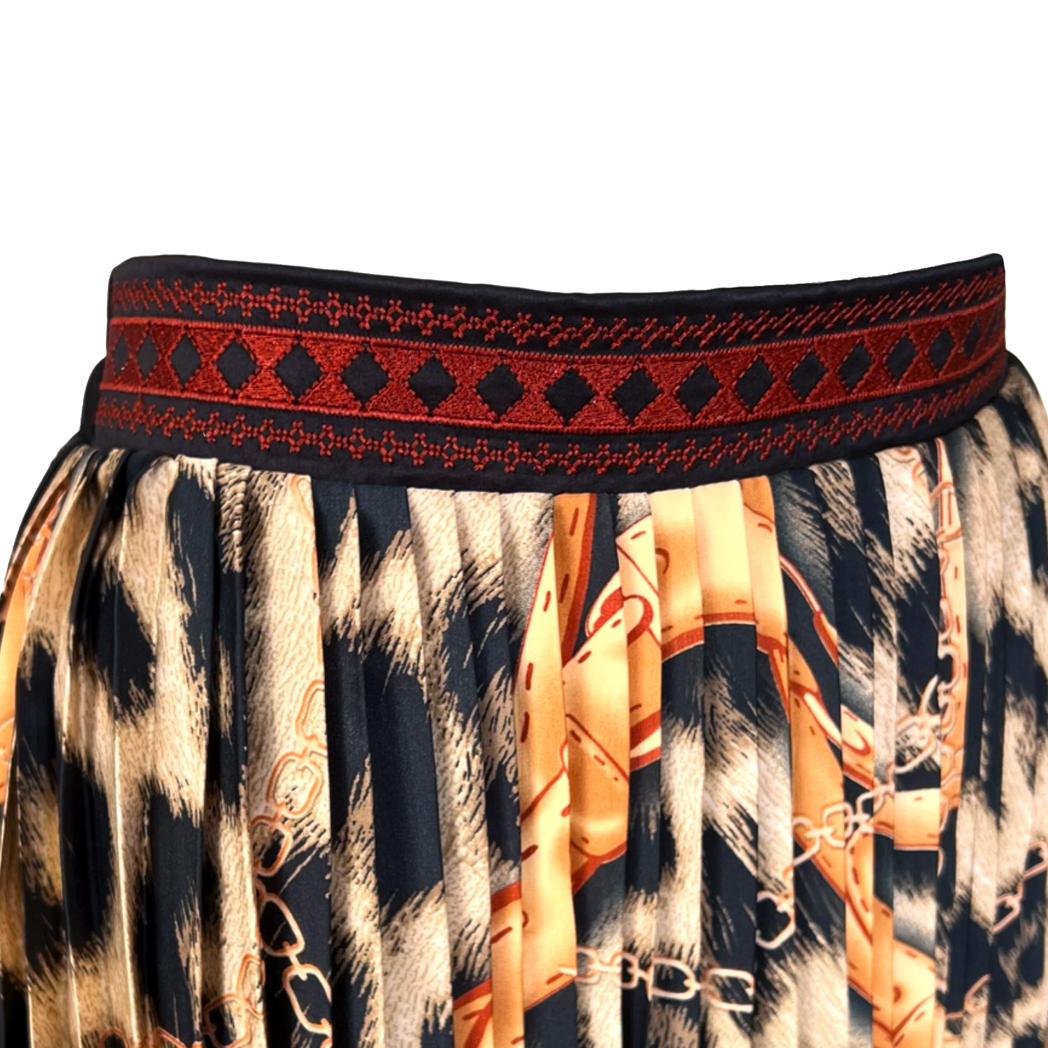 Embroidered Pleated Scarf Midi Skirt in Animal Print