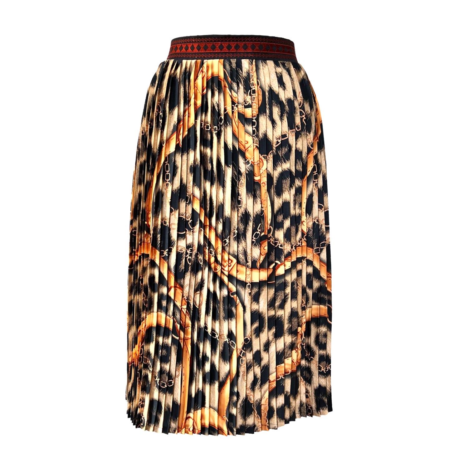 Embroidered Pleated Scarf Midi Skirt in Animal Print