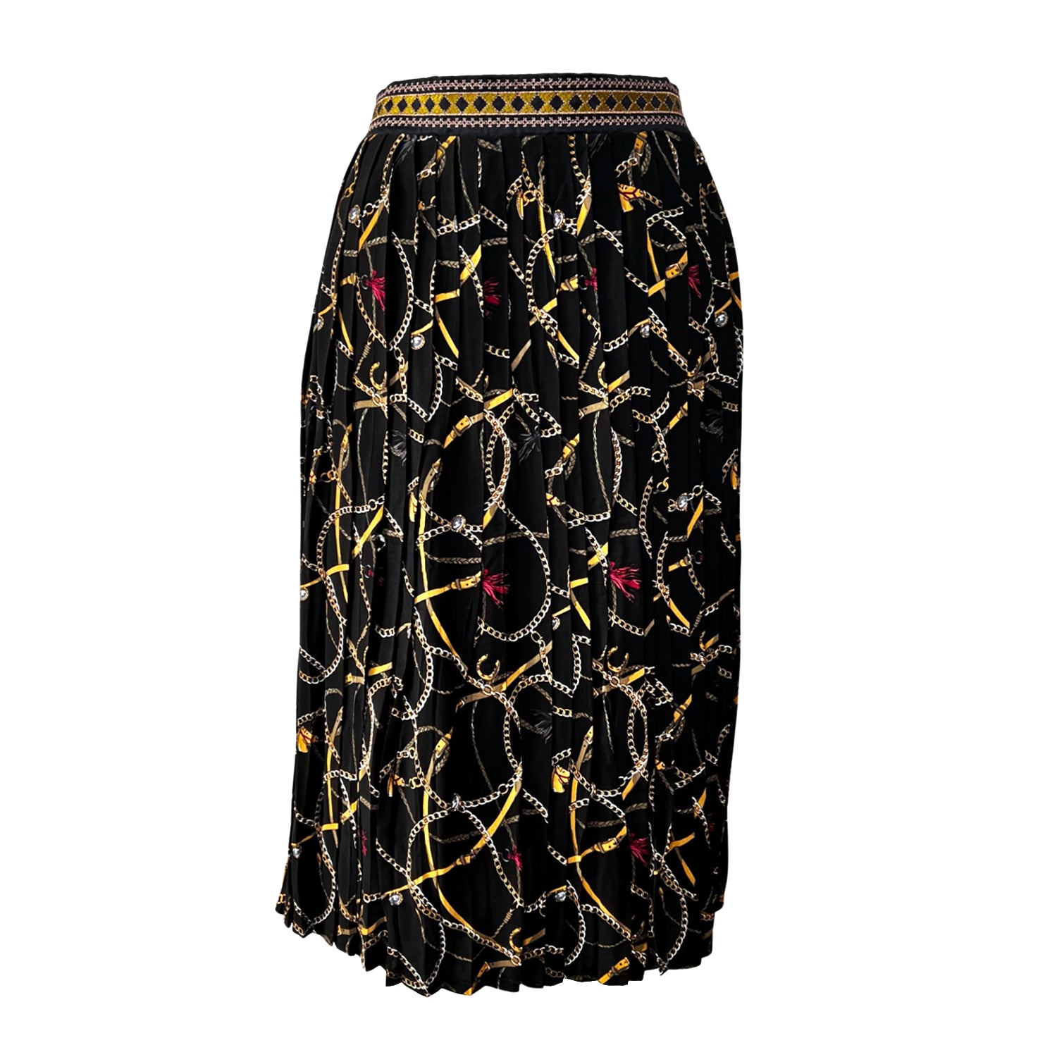 Embroidered Pleated Scarf Midi Skirt in Black