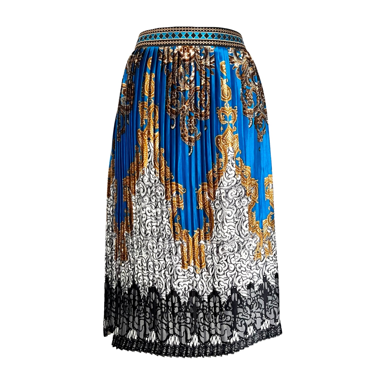 Embroidered Pleated Scarf Midi Skirt in Cobalt Blue