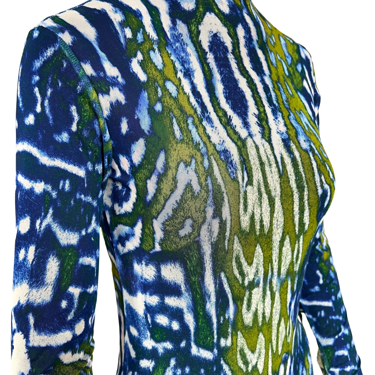 Printed Mesh Bodysuit in Blue & Green