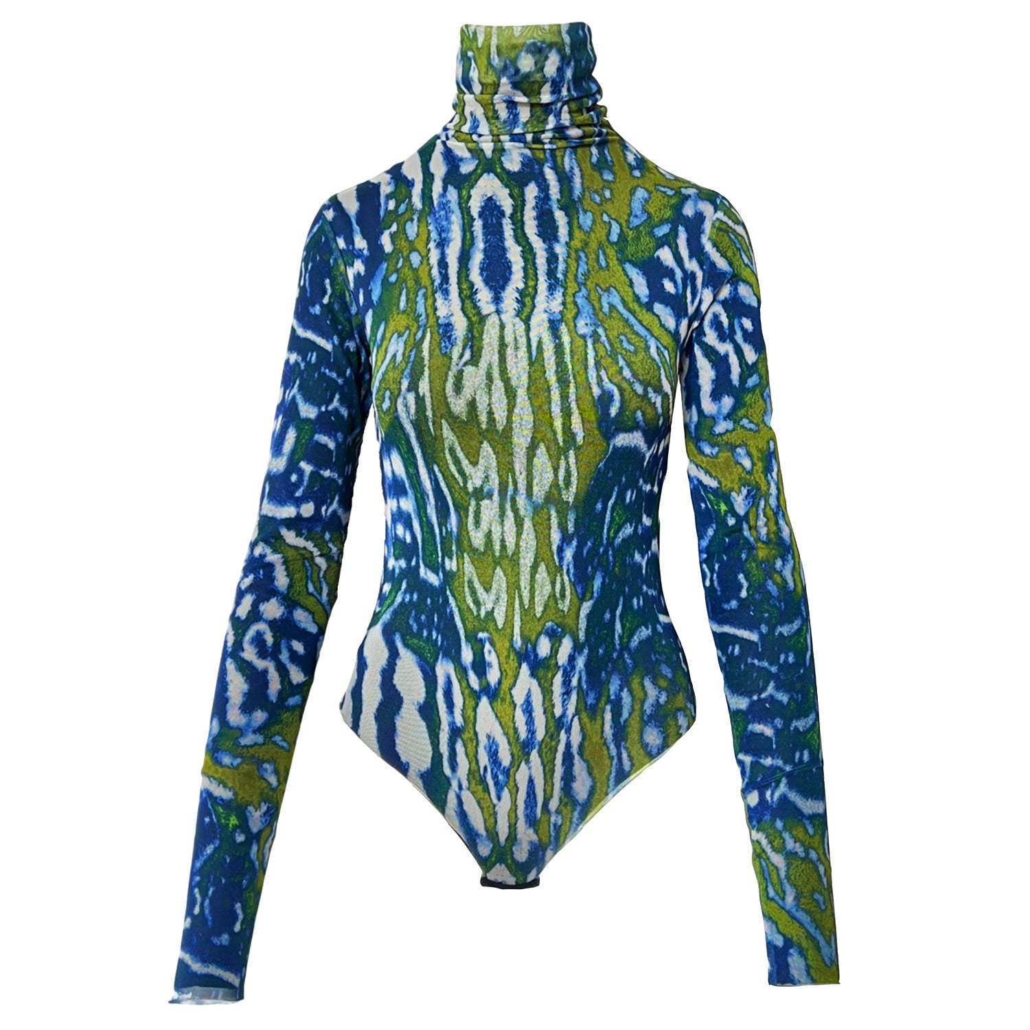 Printed Mesh Bodysuit in Blue & Green