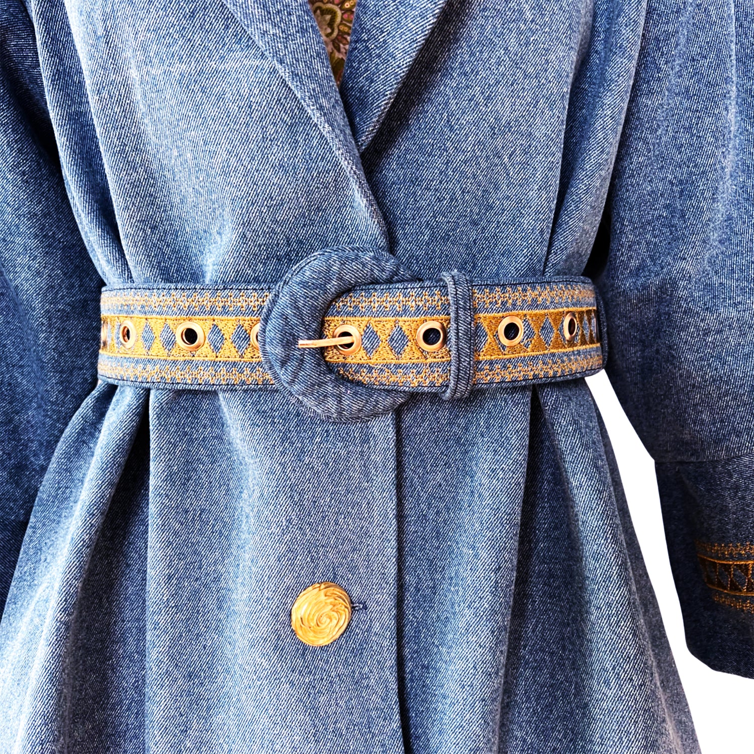 Opera Coat in Embroidered Blue Denim