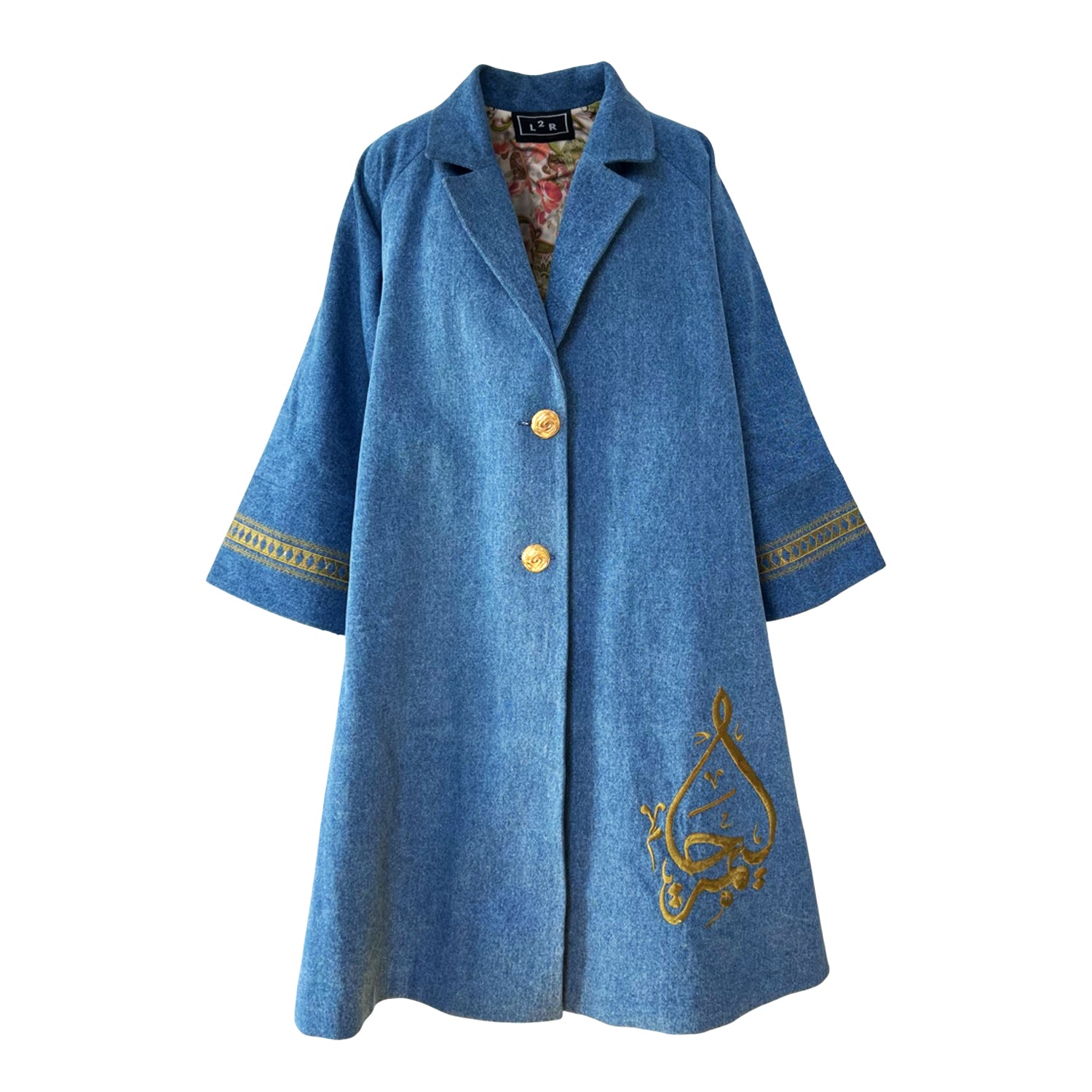 Opera Coat in Embroidered Blue Denim