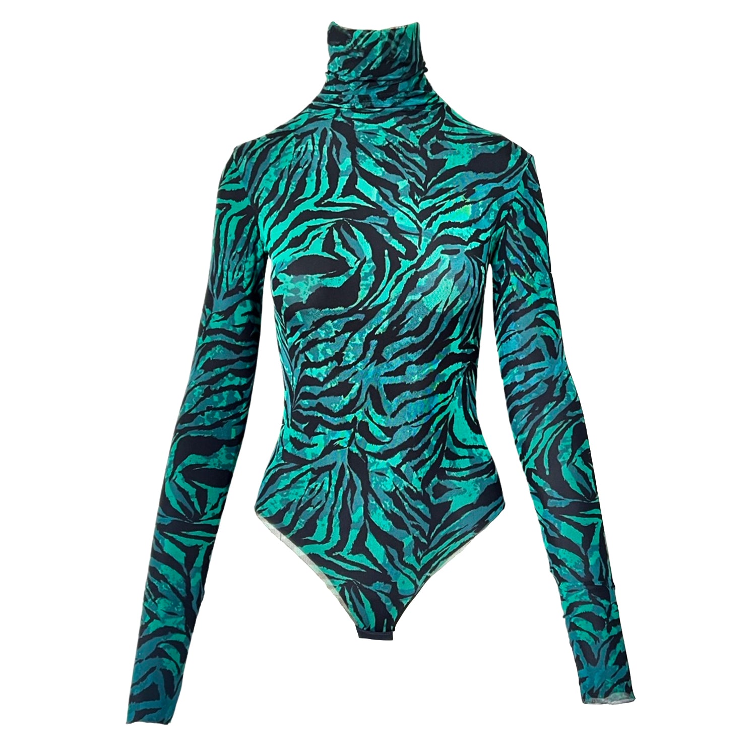 Printed Mesh Bodysuit in Black & Green