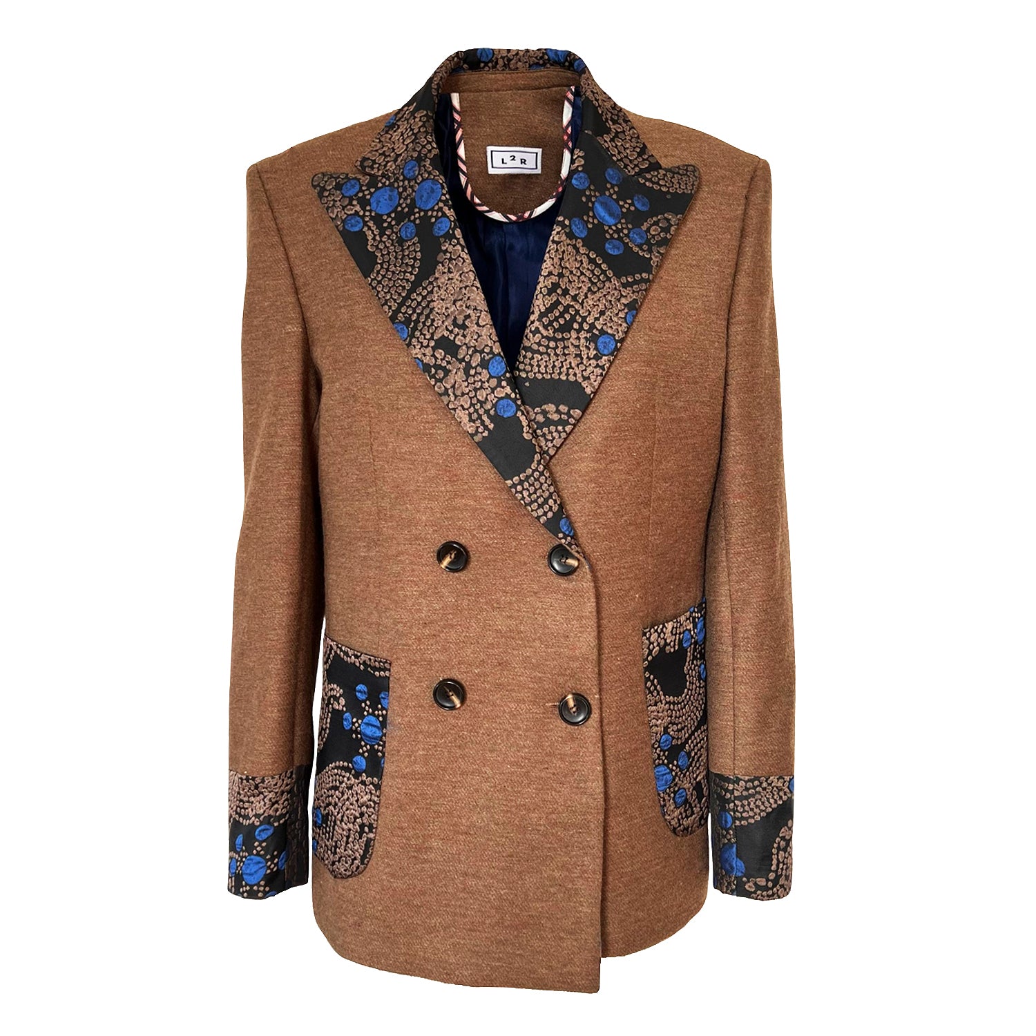 Wool Double Breasted Blazer in Camel Hair and Blue