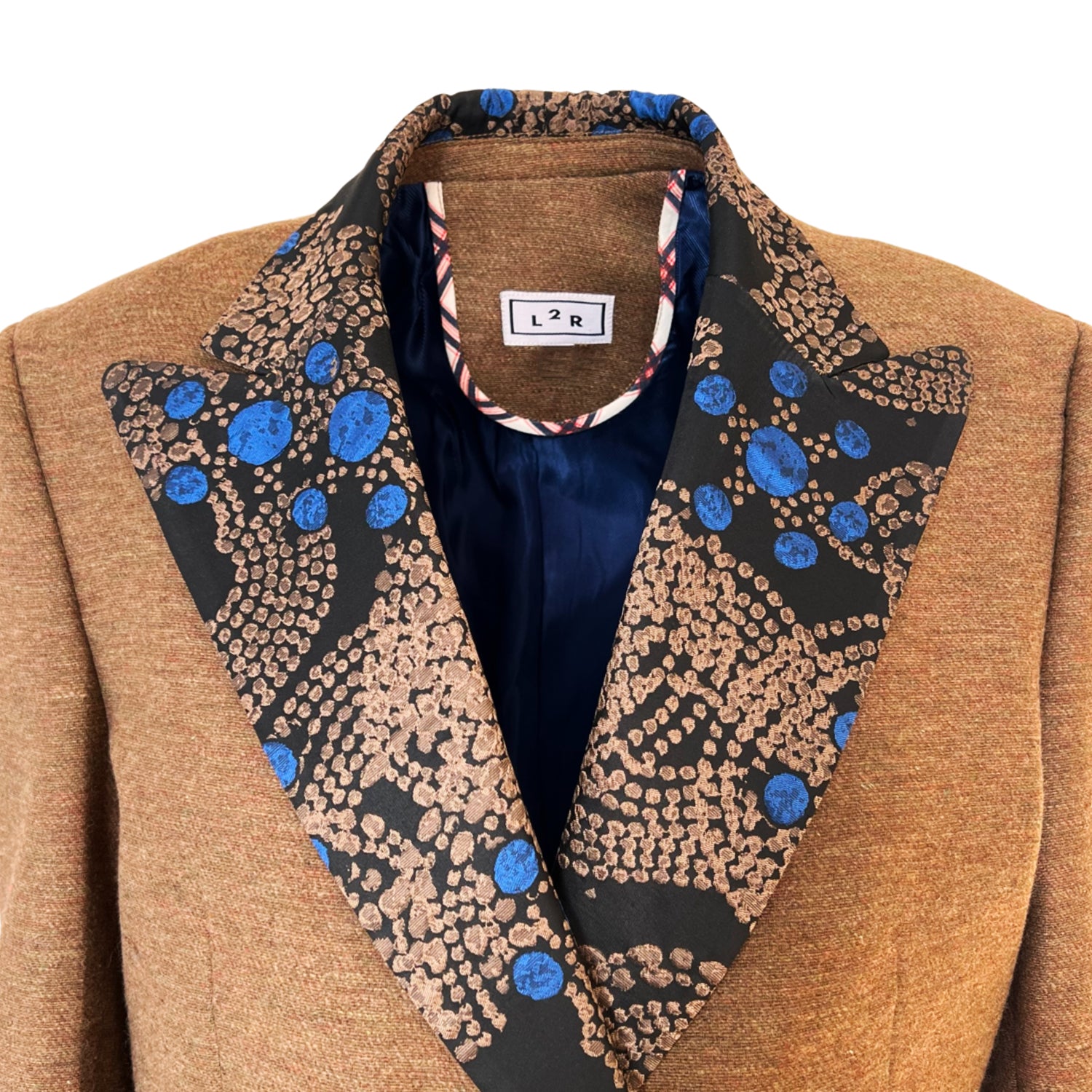 Wool Double Breasted Blazer in Camel Hair and Blue