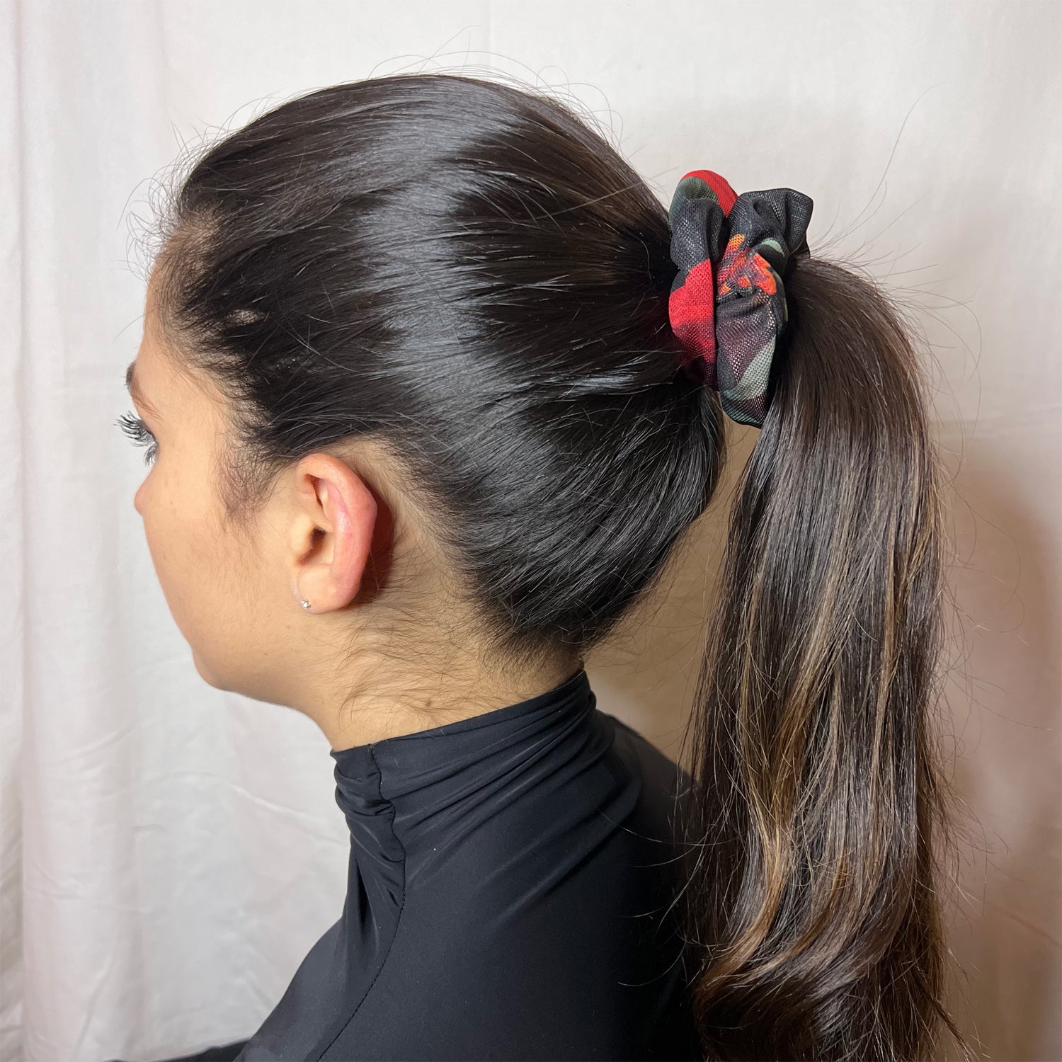 Eco-Conscious Scrunchy in Floral Black & Red Print